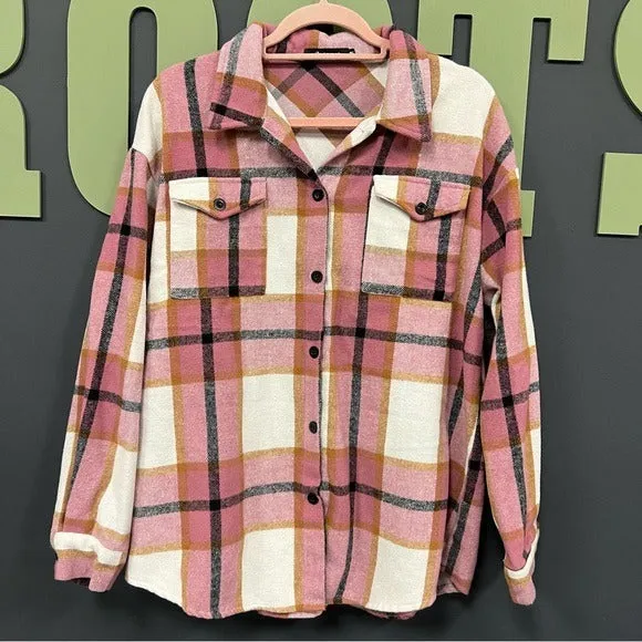 Pink   Ivory Button Down Plaid Flannel Shacket Medium