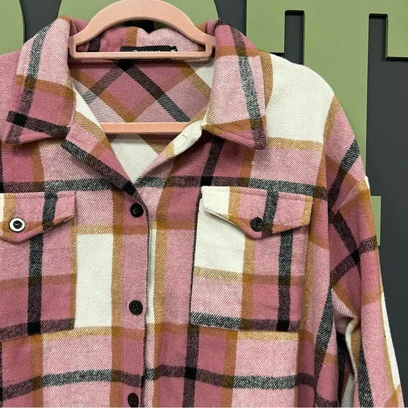 Pink   Ivory Button Down Plaid Flannel Shacket Medium