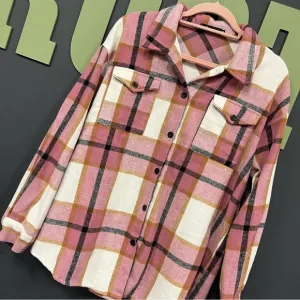Pink   Ivory Button Down Plaid Flannel Shacket Medium