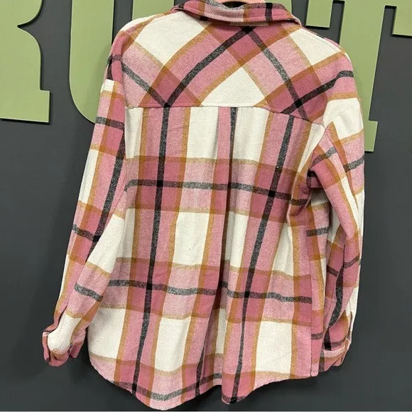 Pink   Ivory Button Down Plaid Flannel Shacket Medium