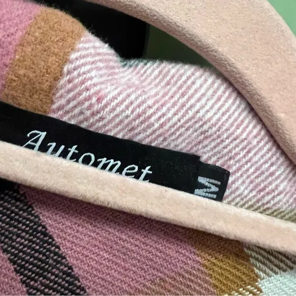 Pink   Ivory Button Down Plaid Flannel Shacket Medium