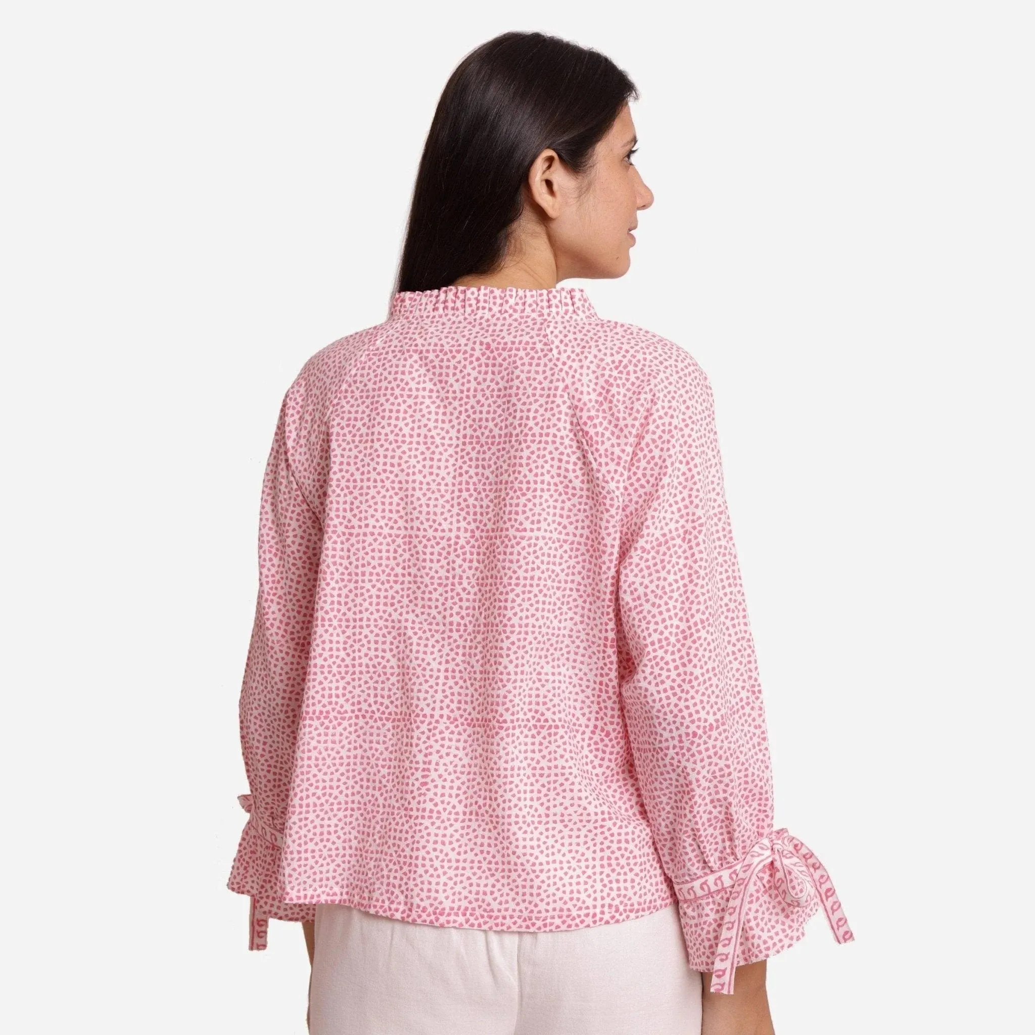 Pink Sanganeri Block Print Cotton Ruffled Collar Blouse