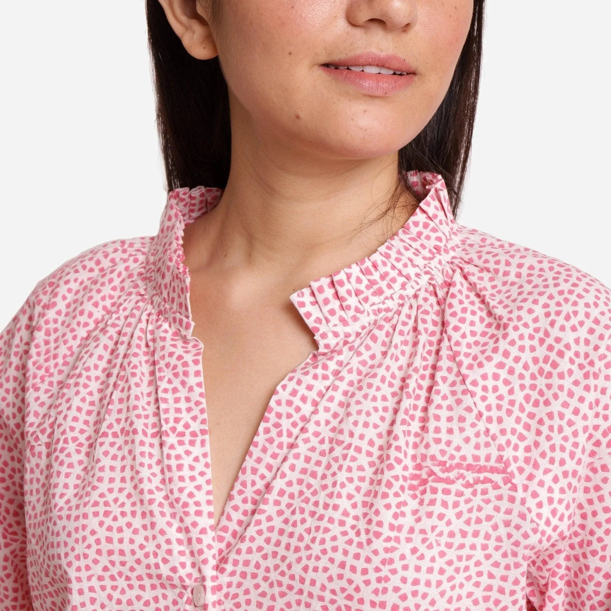 Pink Sanganeri Block Print Cotton Ruffled Collar Blouse