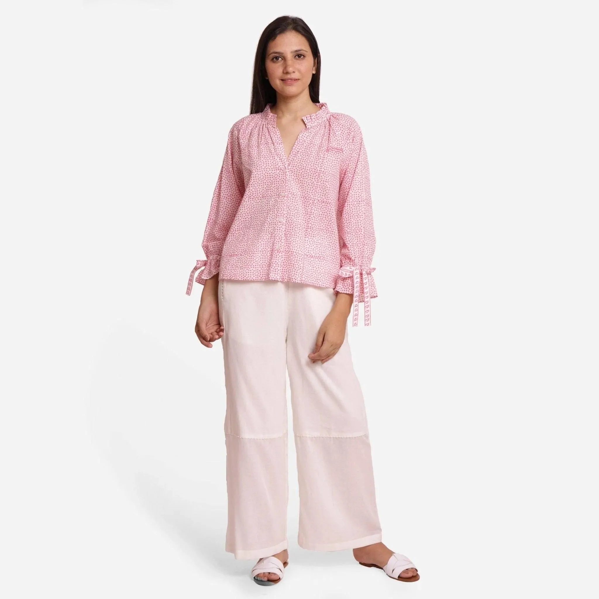 Pink Sanganeri Block Print Cotton Ruffled Collar Blouse