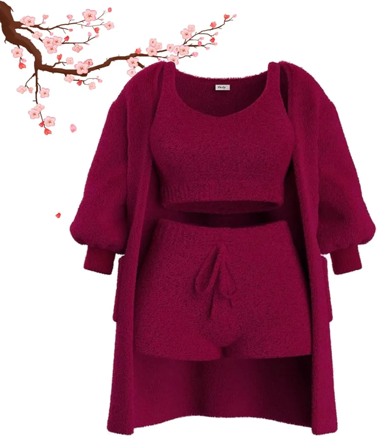 Pleshycozy Womens, Pleshy Cozy Knit Set, Plush Cozy Knit Set, 3/4piece Plush Cardigan Pajama Loungewear Set
