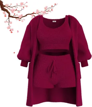 Pleshycozy Womens, Pleshy Cozy Knit Set, Plush Cozy Knit Set, 3/4piece Plush Cardigan Pajama Loungewear Set