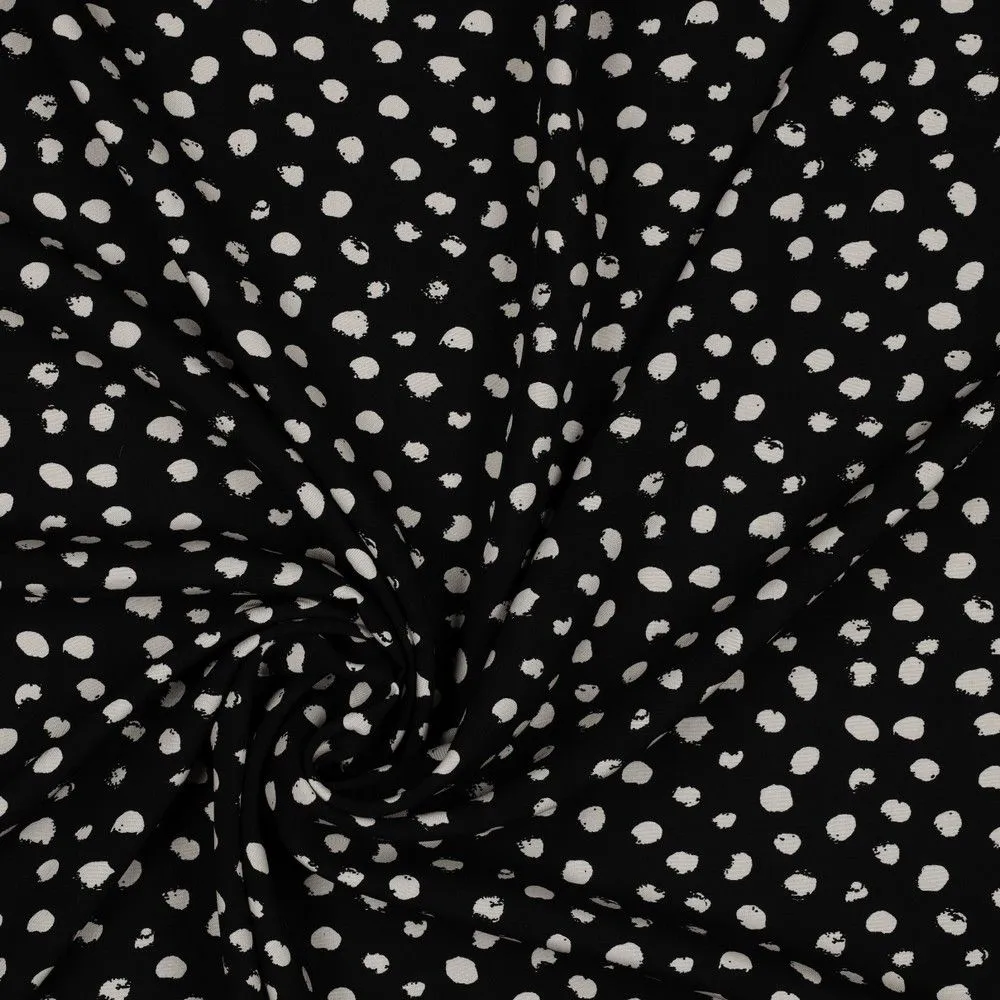 Random dots 100% Viscose Challis dress fabric by the half metre. Navy/green/black.