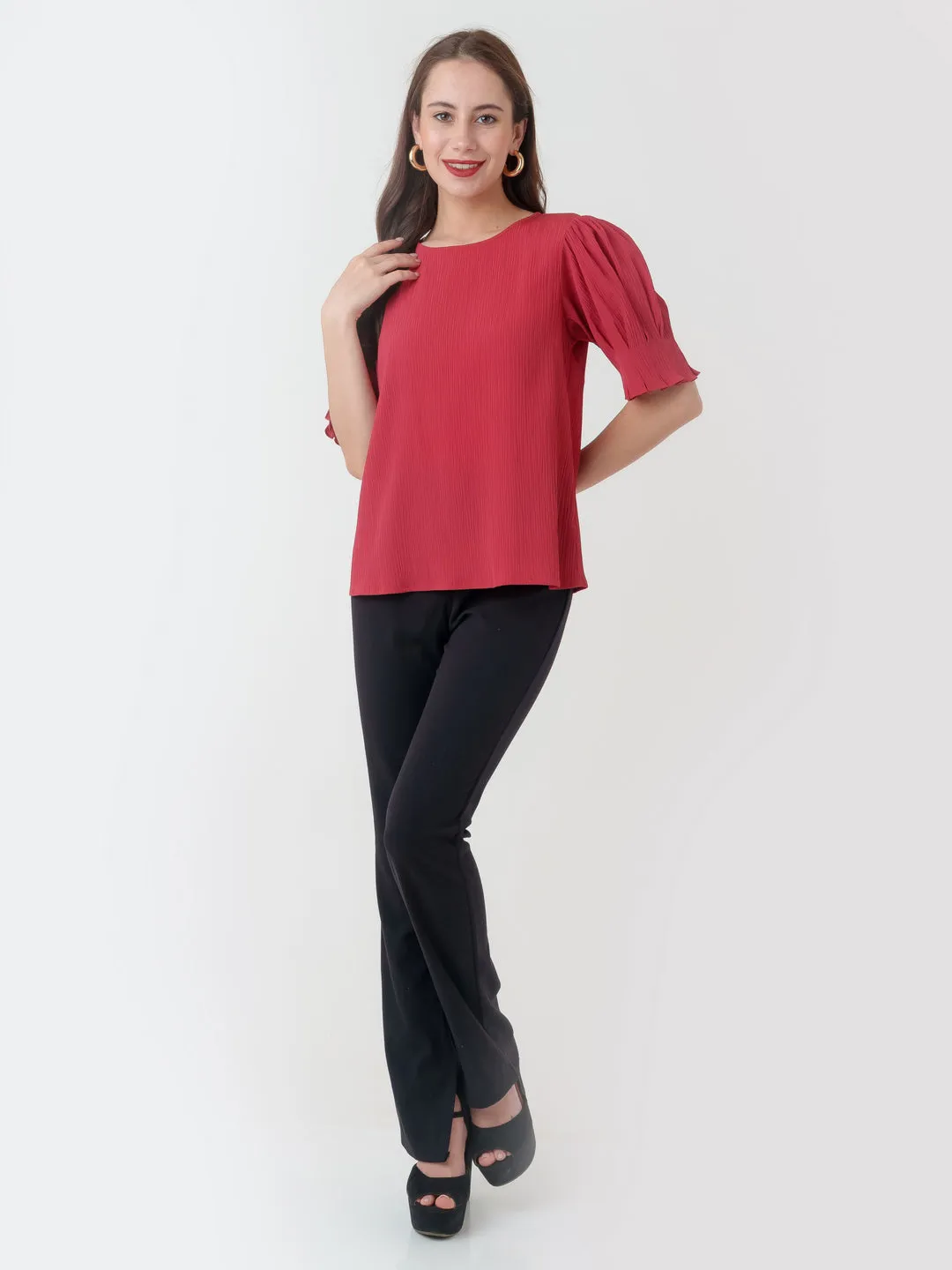 Red Textured Regular Top
