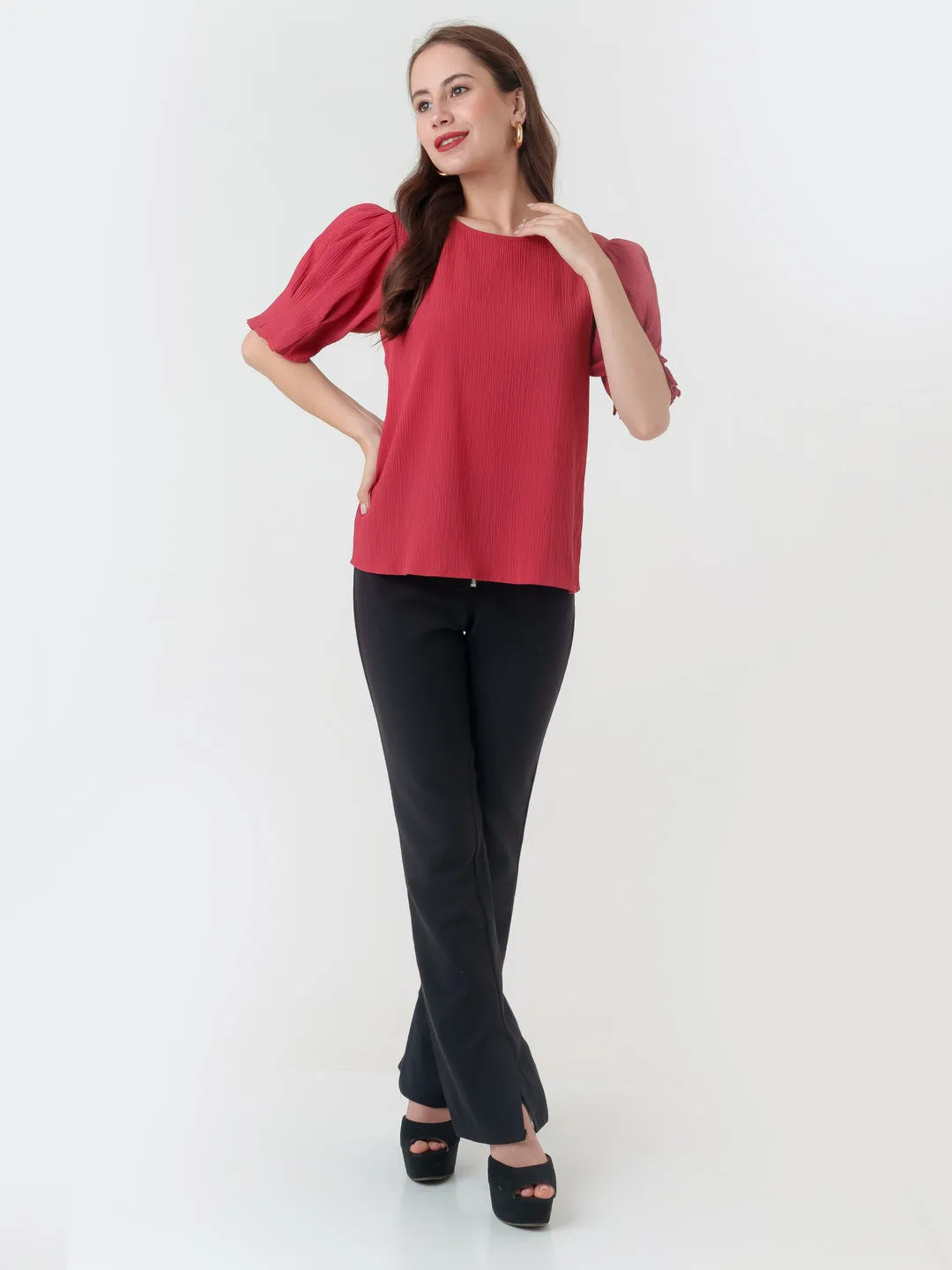 Red Textured Regular Top