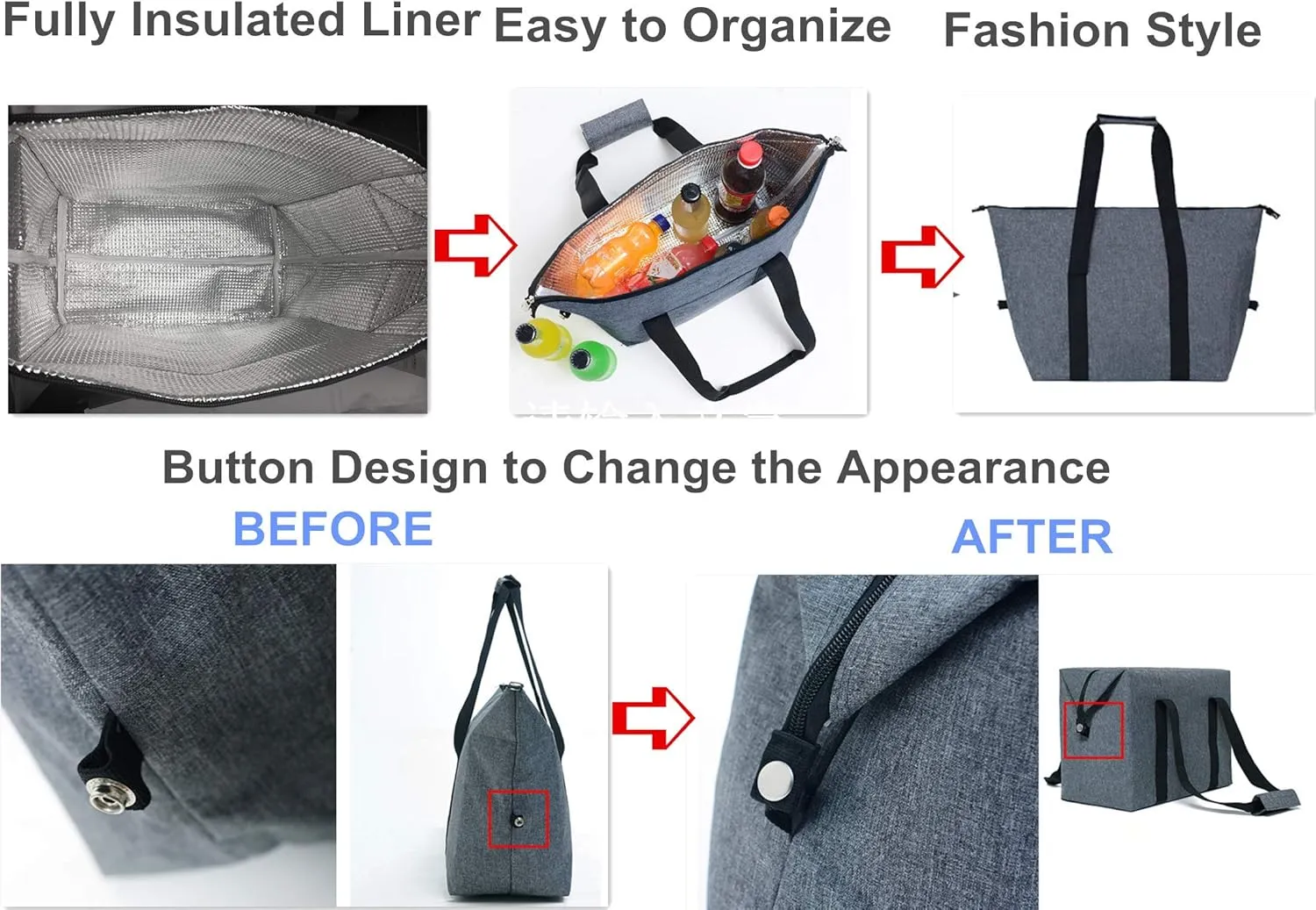 Reusable Insulated Grocery Picnic Cooler Bags with Zipper, Thermal Tote Shopping Bags for Travel, or Lunch, Camping, Beach Food Frozen, Black