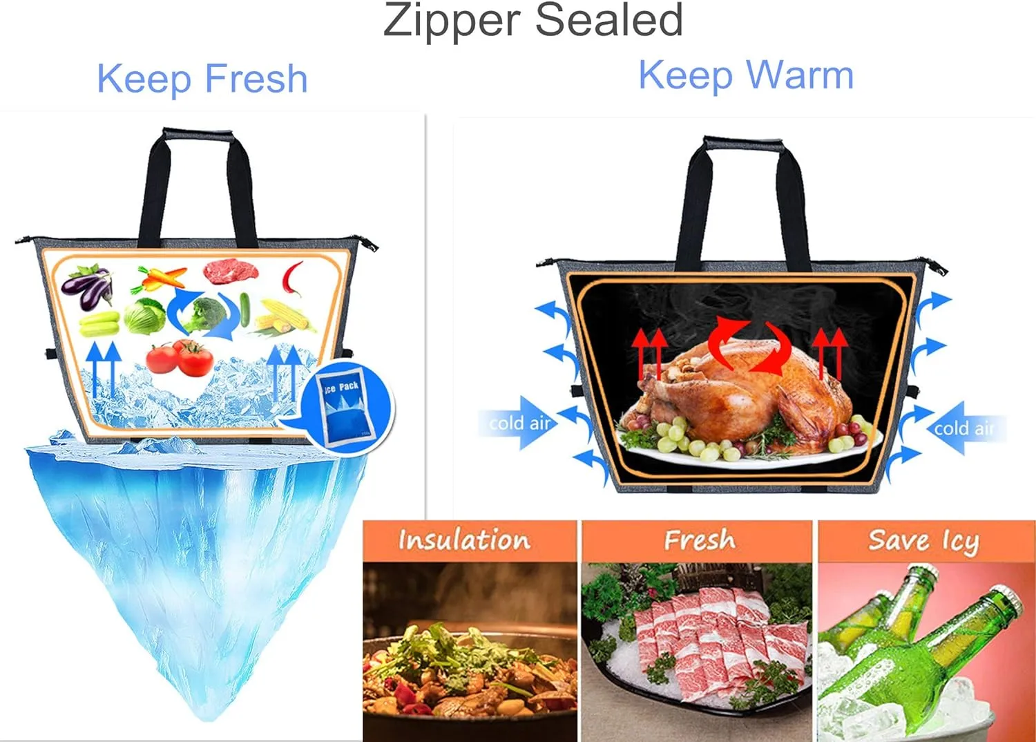 Reusable Insulated Grocery Picnic Cooler Bags with Zipper, Thermal Tote Shopping Bags for Travel, or Lunch, Camping, Beach Food Frozen, Black