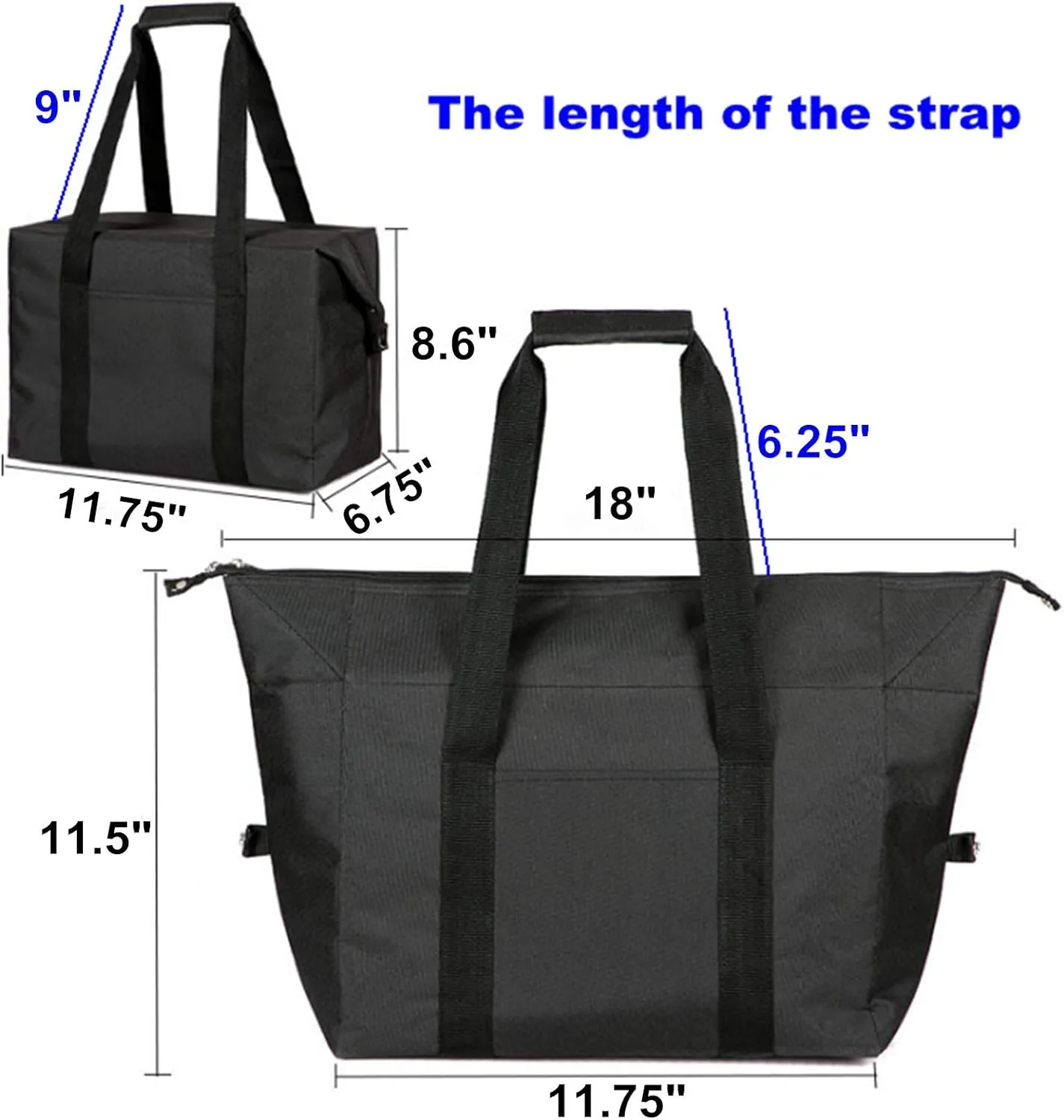 Reusable Insulated Grocery Picnic Cooler Bags with Zipper, Thermal Tote Shopping Bags for Travel, or Lunch, Camping, Beach Food Frozen, Black