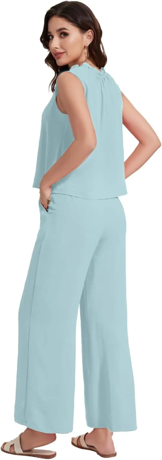 ROYLAMP 2025 Women'S Summer 2 Piece Outfits Sleeveless Ruffled V Neckline Tops High Waisted Pants Sets