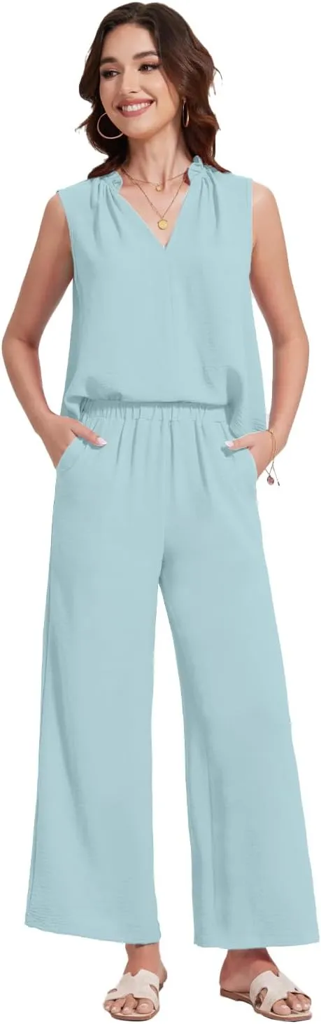 ROYLAMP 2025 Women'S Summer 2 Piece Outfits Sleeveless Ruffled V Neckline Tops High Waisted Pants Sets
