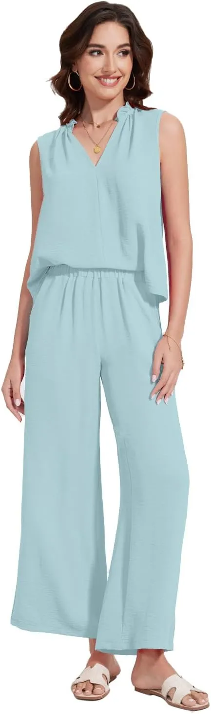 ROYLAMP 2025 Women'S Summer 2 Piece Outfits Sleeveless Ruffled V Neckline Tops High Waisted Pants Sets
