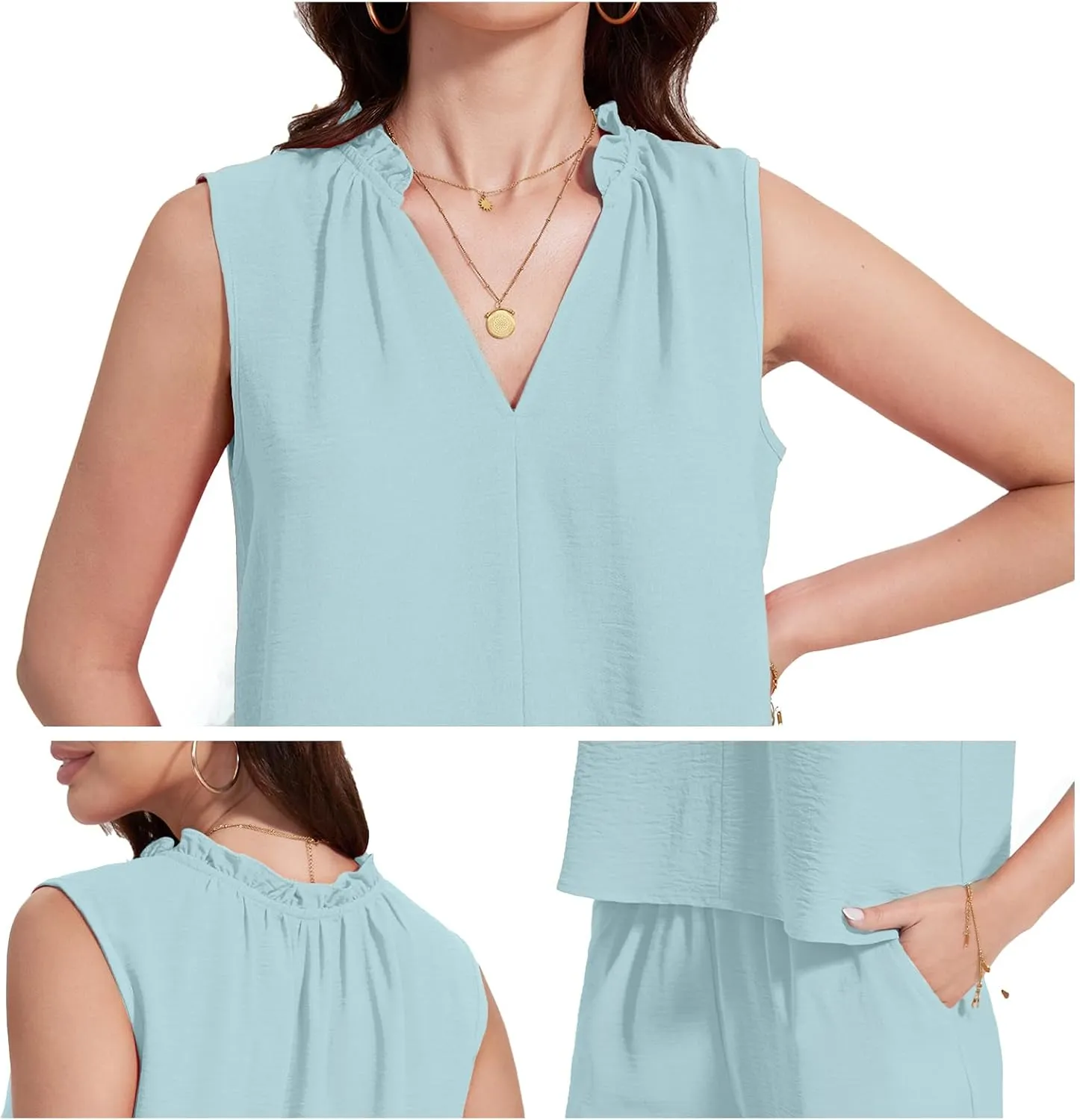 ROYLAMP 2025 Women'S Summer 2 Piece Outfits Sleeveless Ruffled V Neckline Tops High Waisted Pants Sets