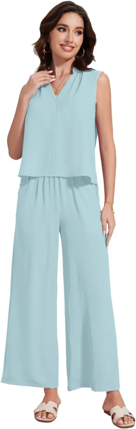 ROYLAMP 2025 Women'S Summer 2 Piece Outfits Sleeveless Ruffled V Neckline Tops High Waisted Pants Sets