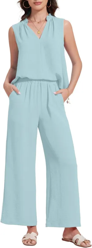 ROYLAMP 2025 Women'S Summer 2 Piece Outfits Sleeveless Ruffled V Neckline Tops High Waisted Pants Sets