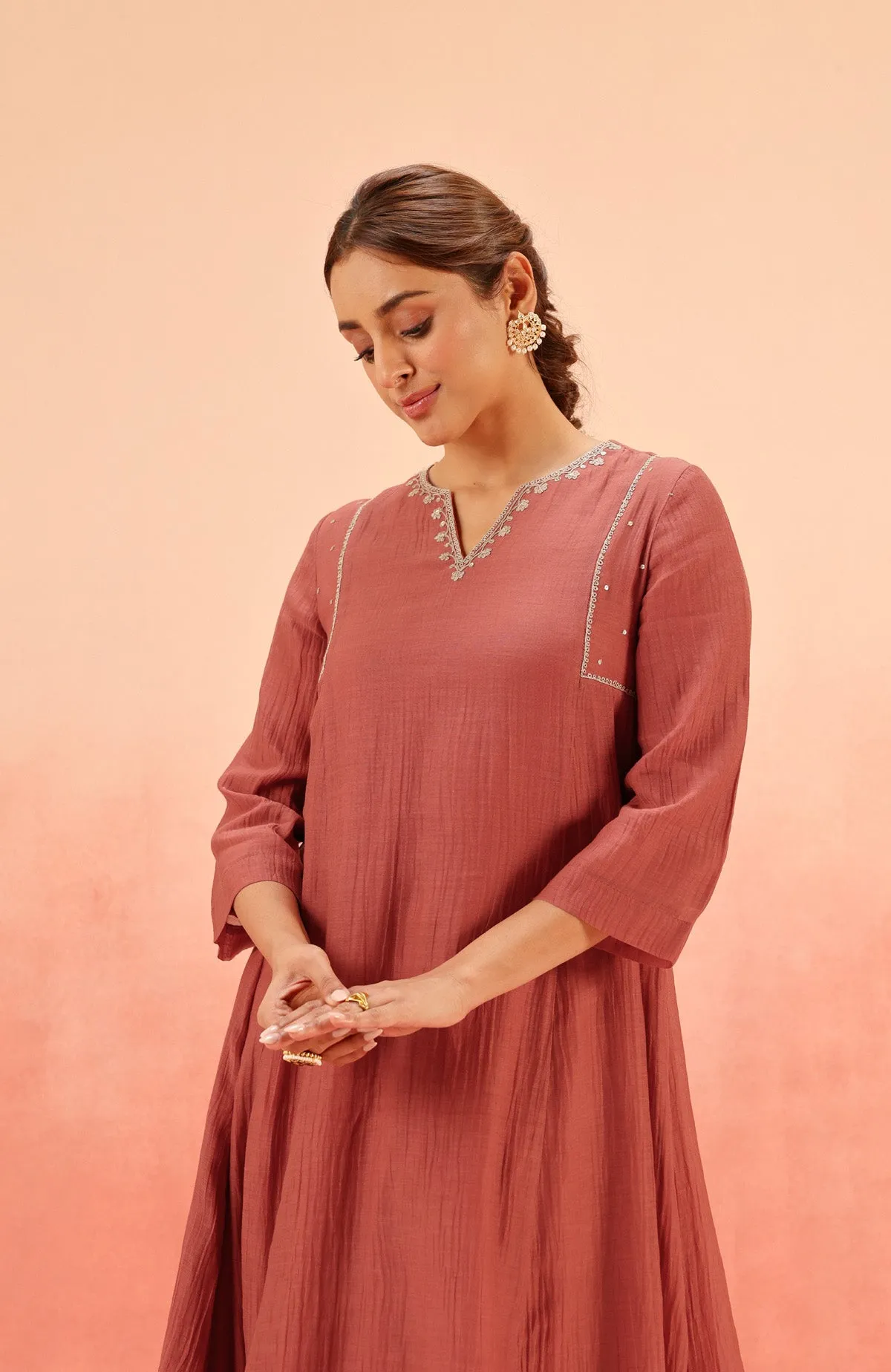 SAMIYA RED COTTON SILK CHANDERI EMBROIDERED KURTA SET