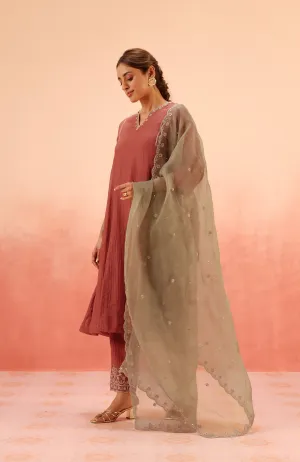 SAMIYA RED COTTON SILK CHANDERI EMBROIDERED KURTA SET