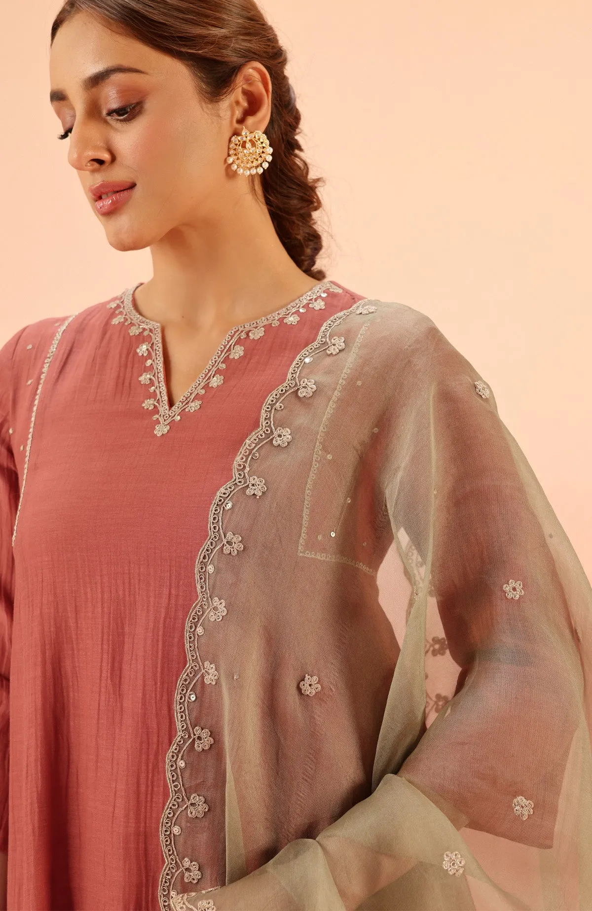 SAMIYA RED COTTON SILK CHANDERI EMBROIDERED KURTA SET