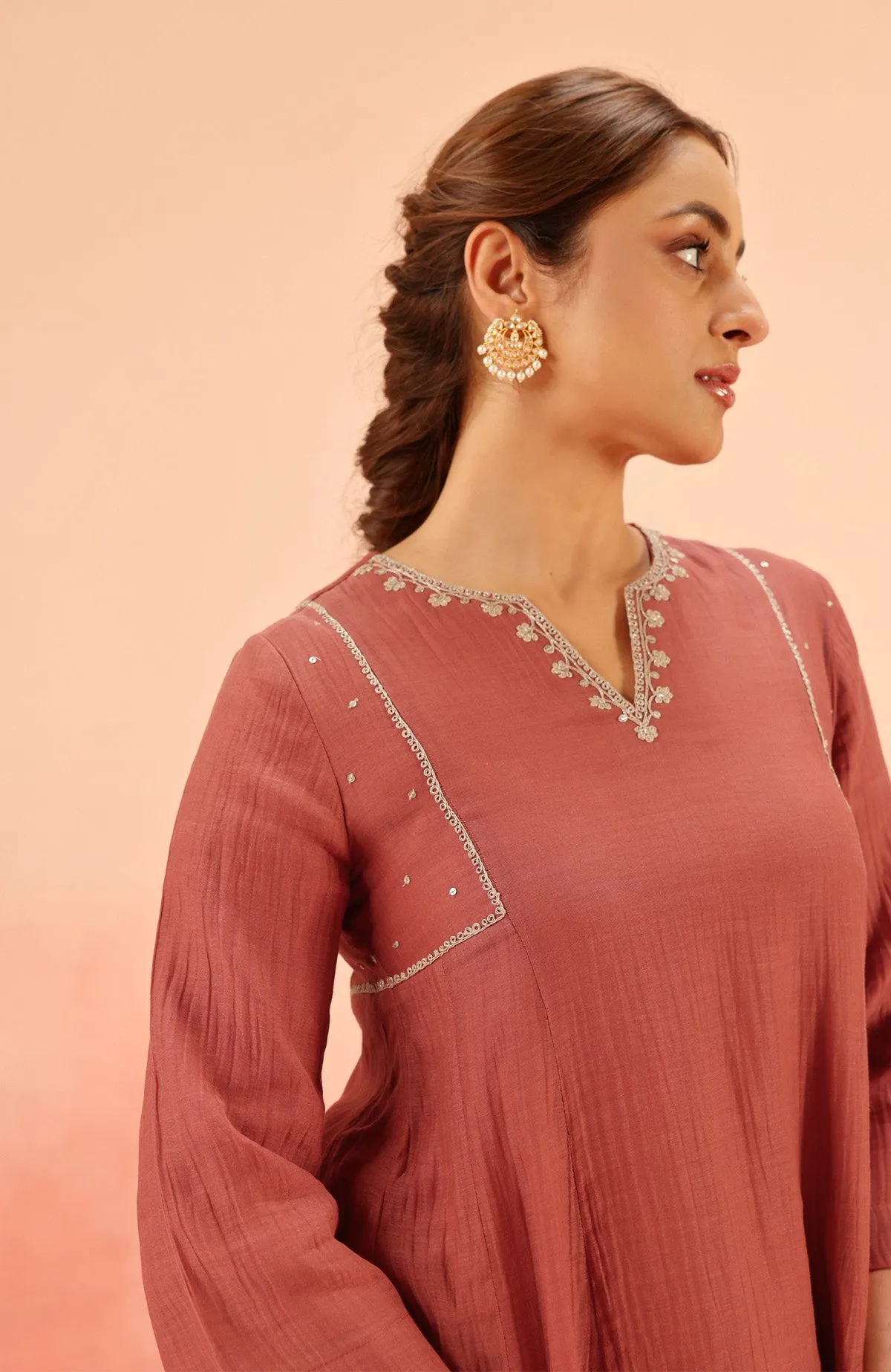 SAMIYA RED COTTON SILK CHANDERI EMBROIDERED KURTA SET