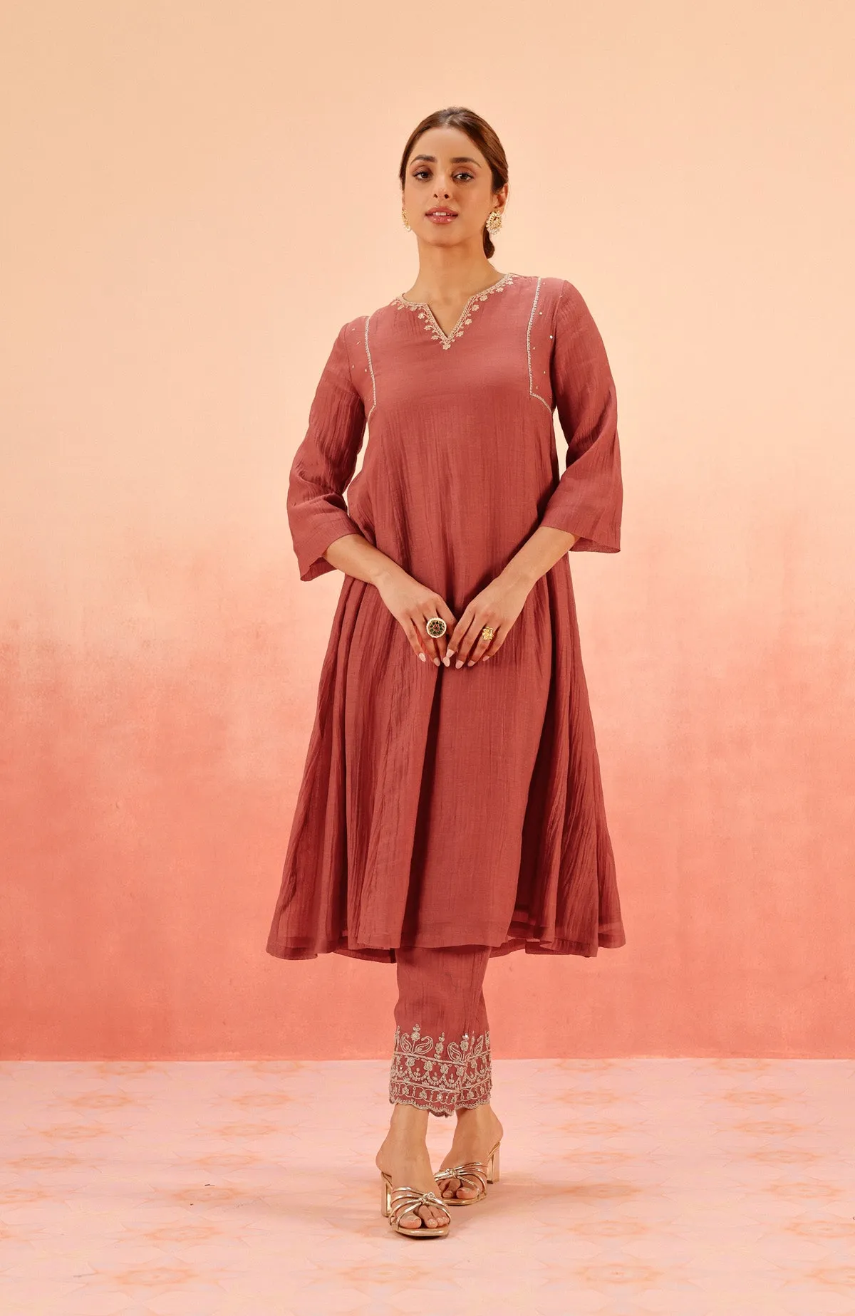 SAMIYA RED COTTON SILK CHANDERI EMBROIDERED KURTA SET