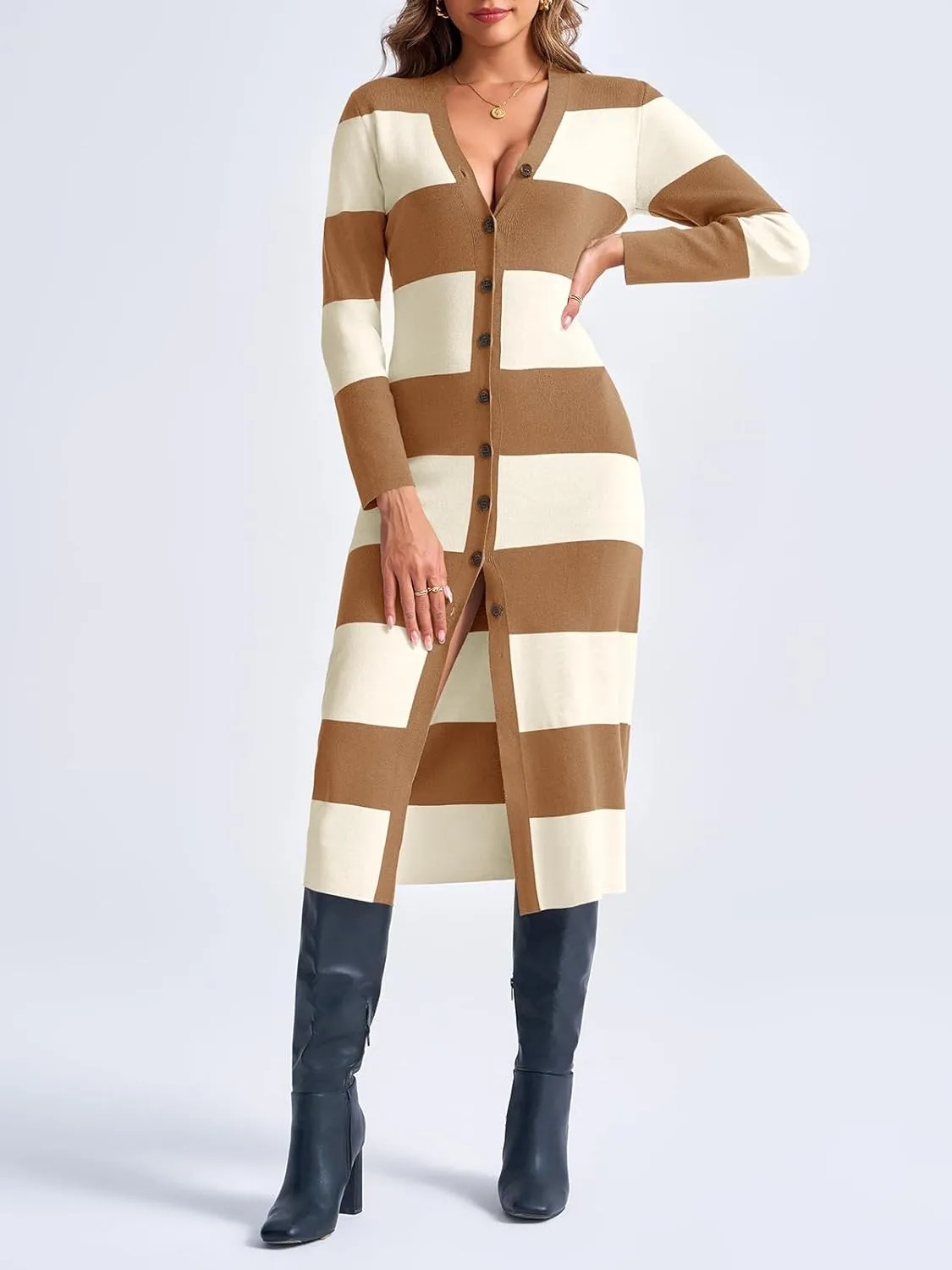 Saodimallsu Womens Striped Sweater Dress Button V Neck Long Sleeve Knit Fall Trendy Bodycon Midi Dresses Cardigans