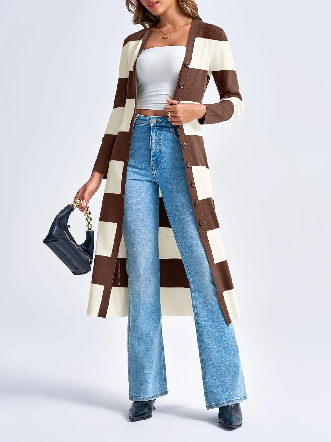 Saodimallsu Womens Striped Sweater Dress Button V Neck Long Sleeve Knit Fall Trendy Bodycon Midi Dresses Cardigans