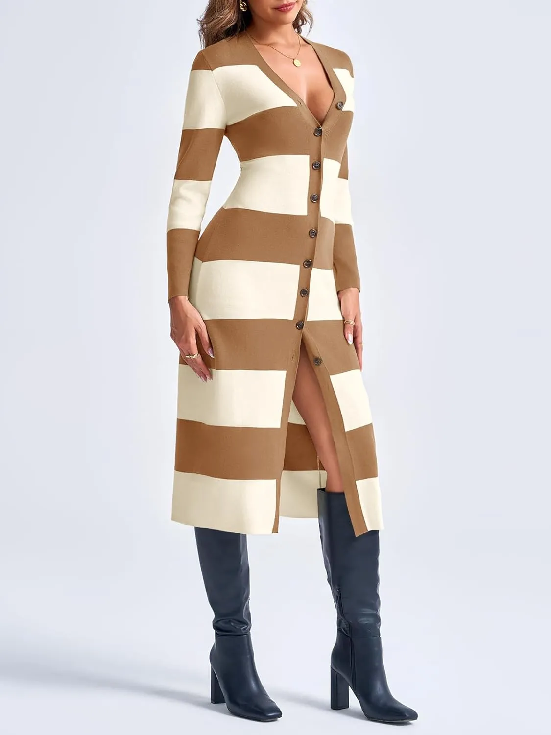 Saodimallsu Womens Striped Sweater Dress Button V Neck Long Sleeve Knit Fall Trendy Bodycon Midi Dresses Cardigans