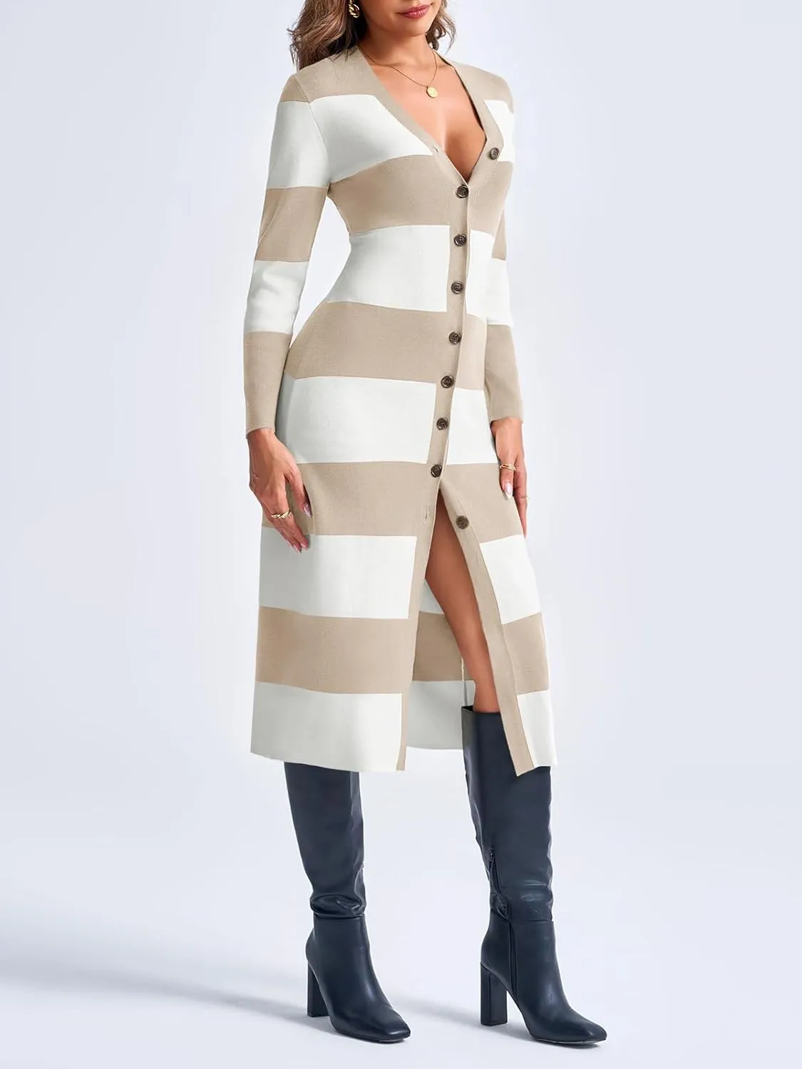 Saodimallsu Womens Striped Sweater Dress Button V Neck Long Sleeve Knit Fall Trendy Bodycon Midi Dresses Cardigans