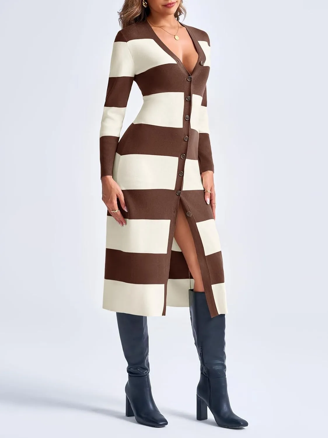 Saodimallsu Womens Striped Sweater Dress Button V Neck Long Sleeve Knit Fall Trendy Bodycon Midi Dresses Cardigans