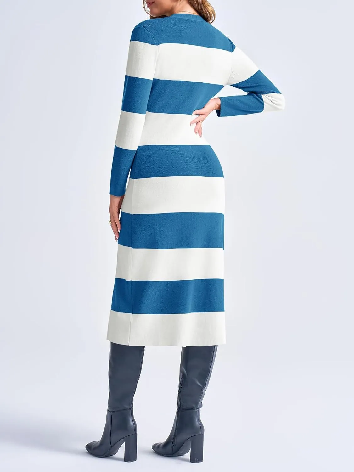 Saodimallsu Womens Striped Sweater Dress Button V Neck Long Sleeve Knit Fall Trendy Bodycon Midi Dresses Cardigans