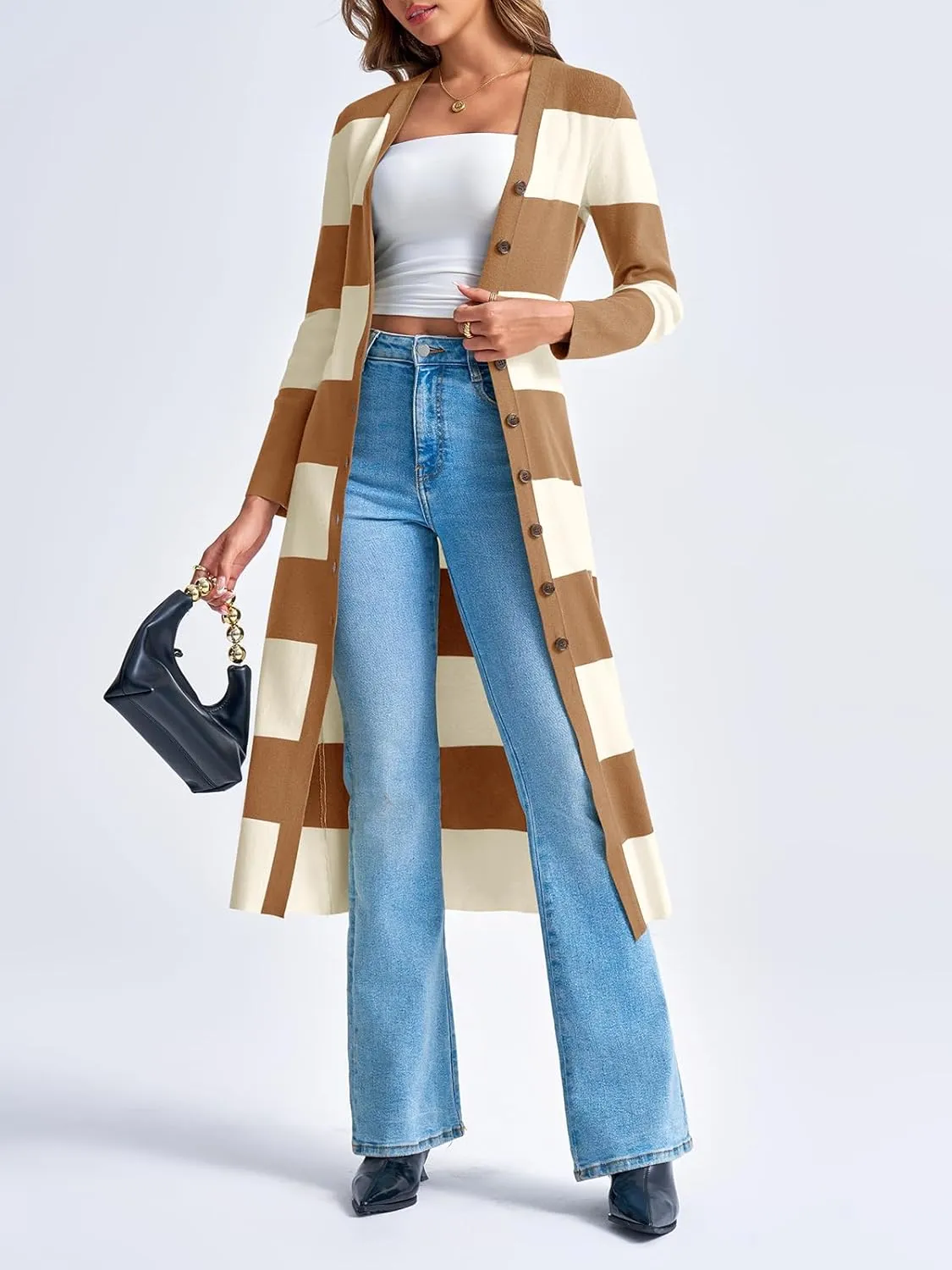Saodimallsu Womens Striped Sweater Dress Button V Neck Long Sleeve Knit Fall Trendy Bodycon Midi Dresses Cardigans