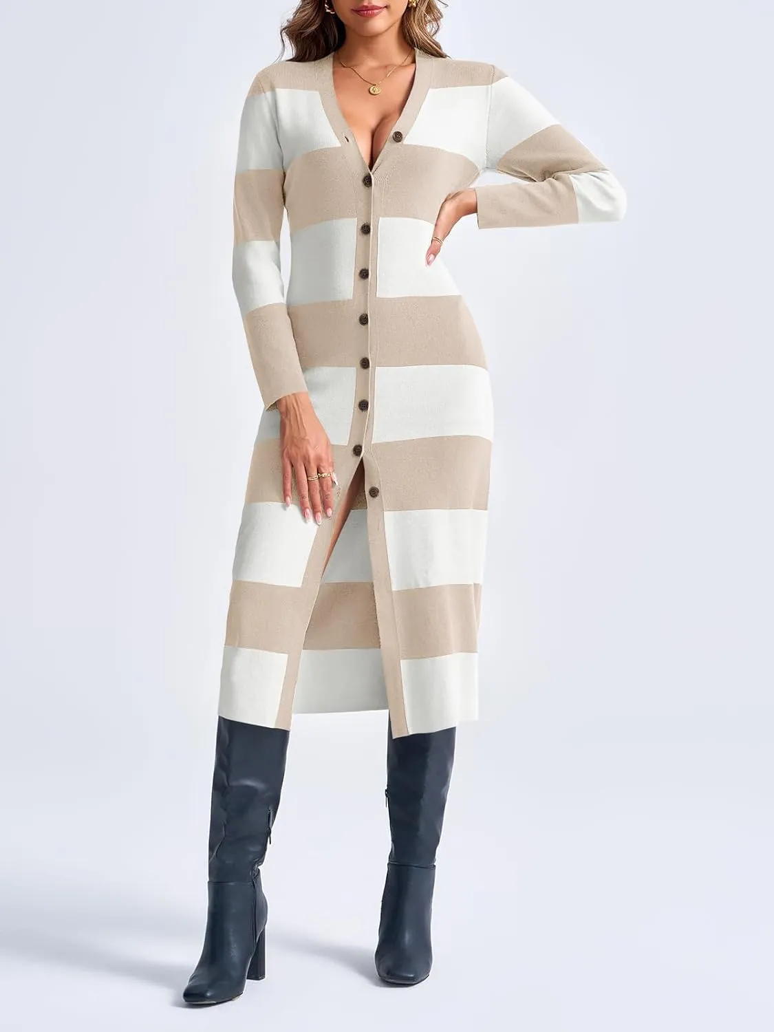 Saodimallsu Womens Striped Sweater Dress Button V Neck Long Sleeve Knit Fall Trendy Bodycon Midi Dresses Cardigans