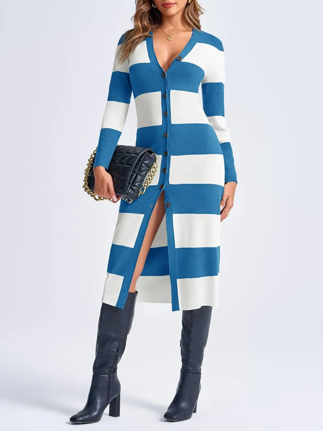 Saodimallsu Womens Striped Sweater Dress Button V Neck Long Sleeve Knit Fall Trendy Bodycon Midi Dresses Cardigans
