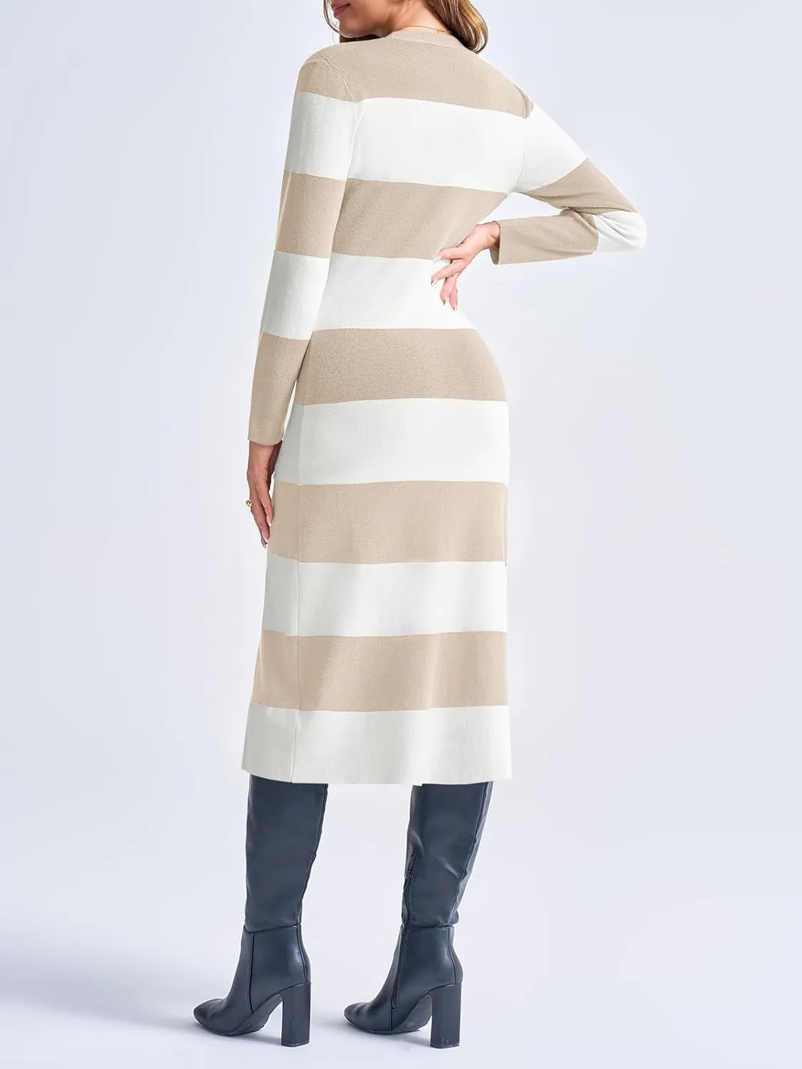 Saodimallsu Womens Striped Sweater Dress Button V Neck Long Sleeve Knit Fall Trendy Bodycon Midi Dresses Cardigans