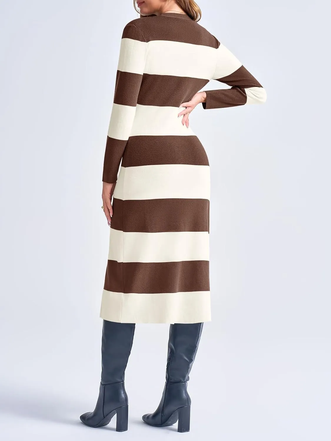 Saodimallsu Womens Striped Sweater Dress Button V Neck Long Sleeve Knit Fall Trendy Bodycon Midi Dresses Cardigans