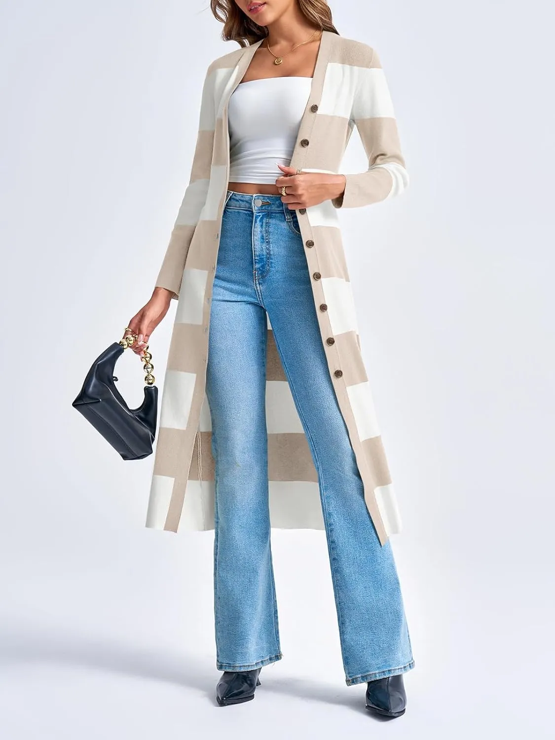 Saodimallsu Womens Striped Sweater Dress Button V Neck Long Sleeve Knit Fall Trendy Bodycon Midi Dresses Cardigans
