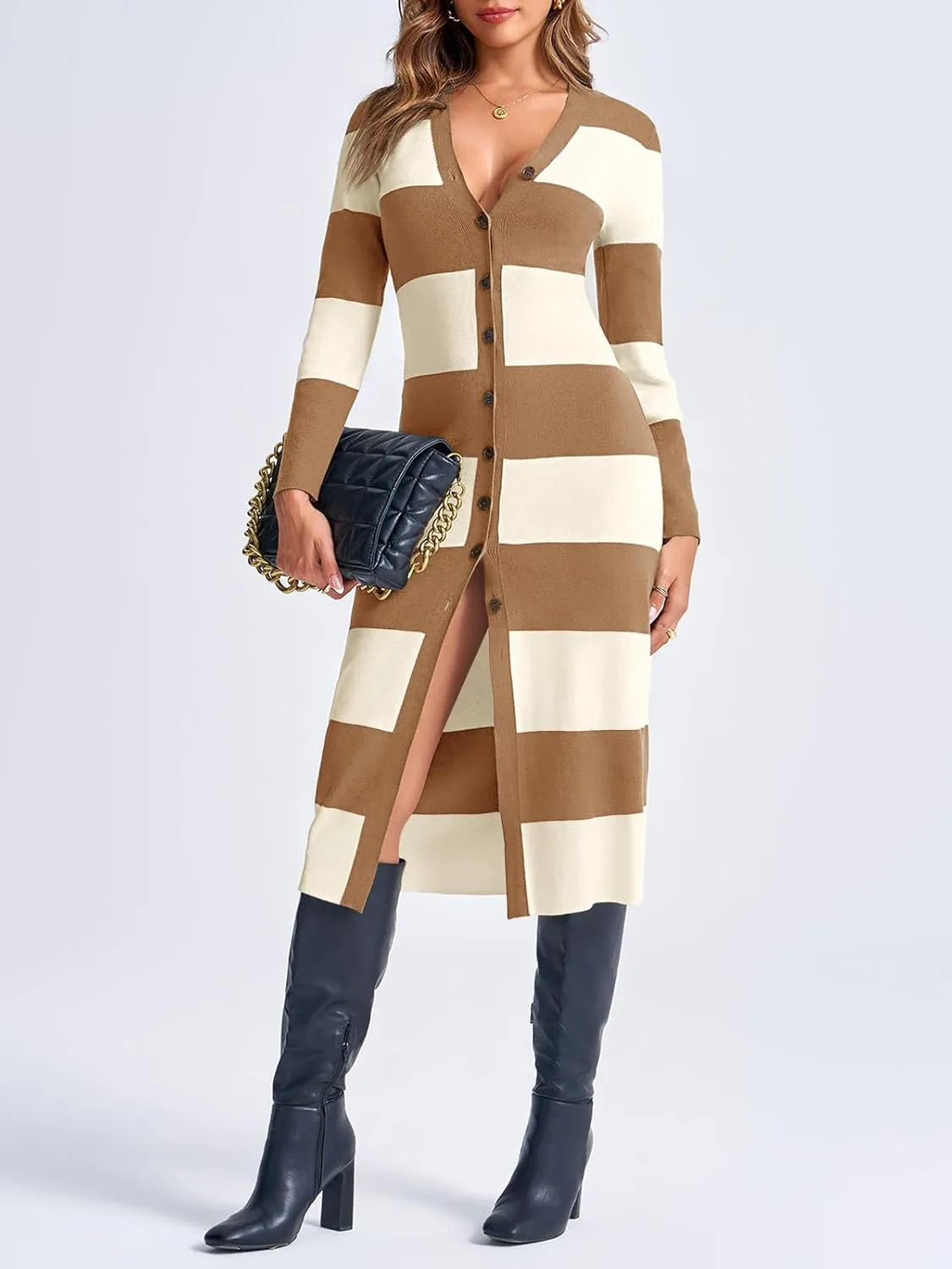 Saodimallsu Womens Striped Sweater Dress Button V Neck Long Sleeve Knit Fall Trendy Bodycon Midi Dresses Cardigans
