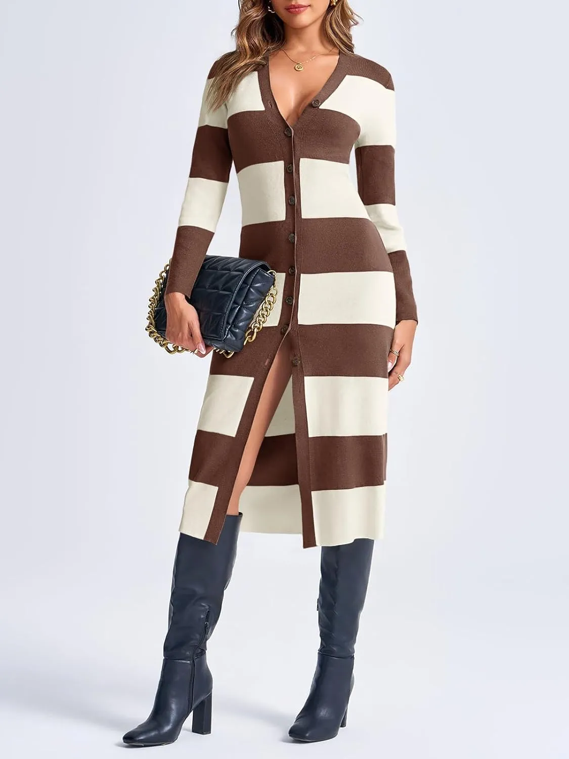 Saodimallsu Womens Striped Sweater Dress Button V Neck Long Sleeve Knit Fall Trendy Bodycon Midi Dresses Cardigans