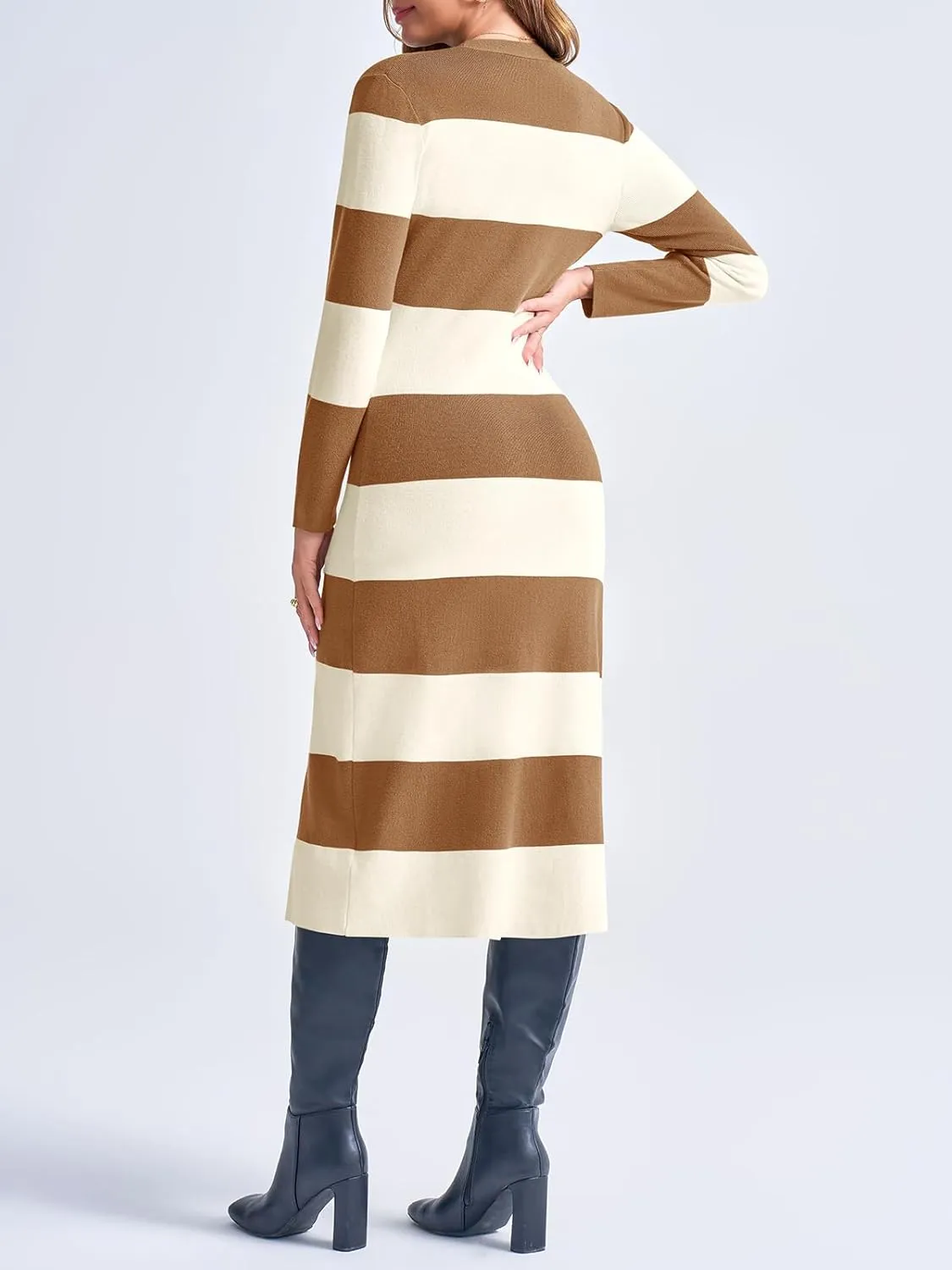 Saodimallsu Womens Striped Sweater Dress Button V Neck Long Sleeve Knit Fall Trendy Bodycon Midi Dresses Cardigans