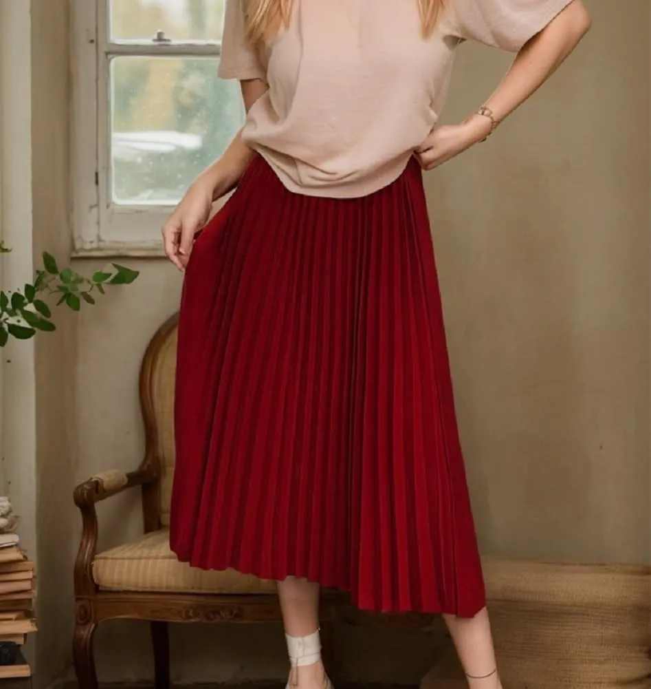 Sorrica Women's High Elastic Waist Pleated Skirt Midi Swing A-line Shirring Skirts