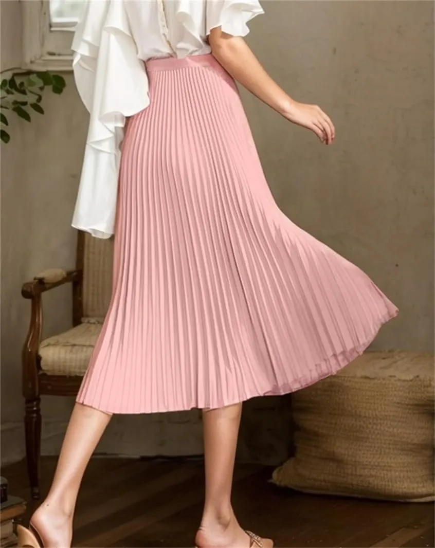 Sorrica Women's High Elastic Waist Pleated Skirt Midi Swing A-line Shirring Skirts
