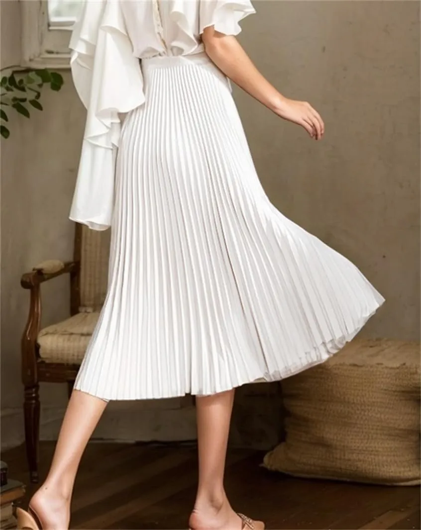 Sorrica Women's High Elastic Waist Pleated Skirt Midi Swing A-line Shirring Skirts