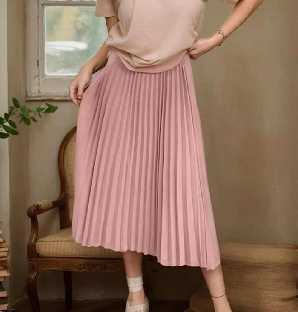 Sorrica Women's High Elastic Waist Pleated Skirt Midi Swing A-line Shirring Skirts