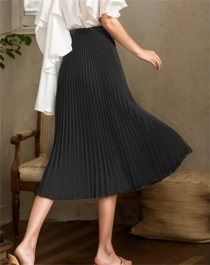 Sorrica Women's High Elastic Waist Pleated Skirt Midi Swing A-line Shirring Skirts