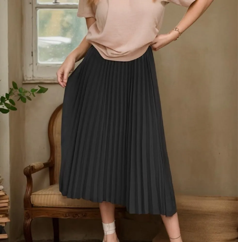 Sorrica Women's High Elastic Waist Pleated Skirt Midi Swing A-line Shirring Skirts