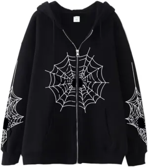 Spider Web Y2K Graphic Zip Up Hoodies Women Oversized Streetshirt E-Girl Long Sleeve Sweatwear Jackets Halloween