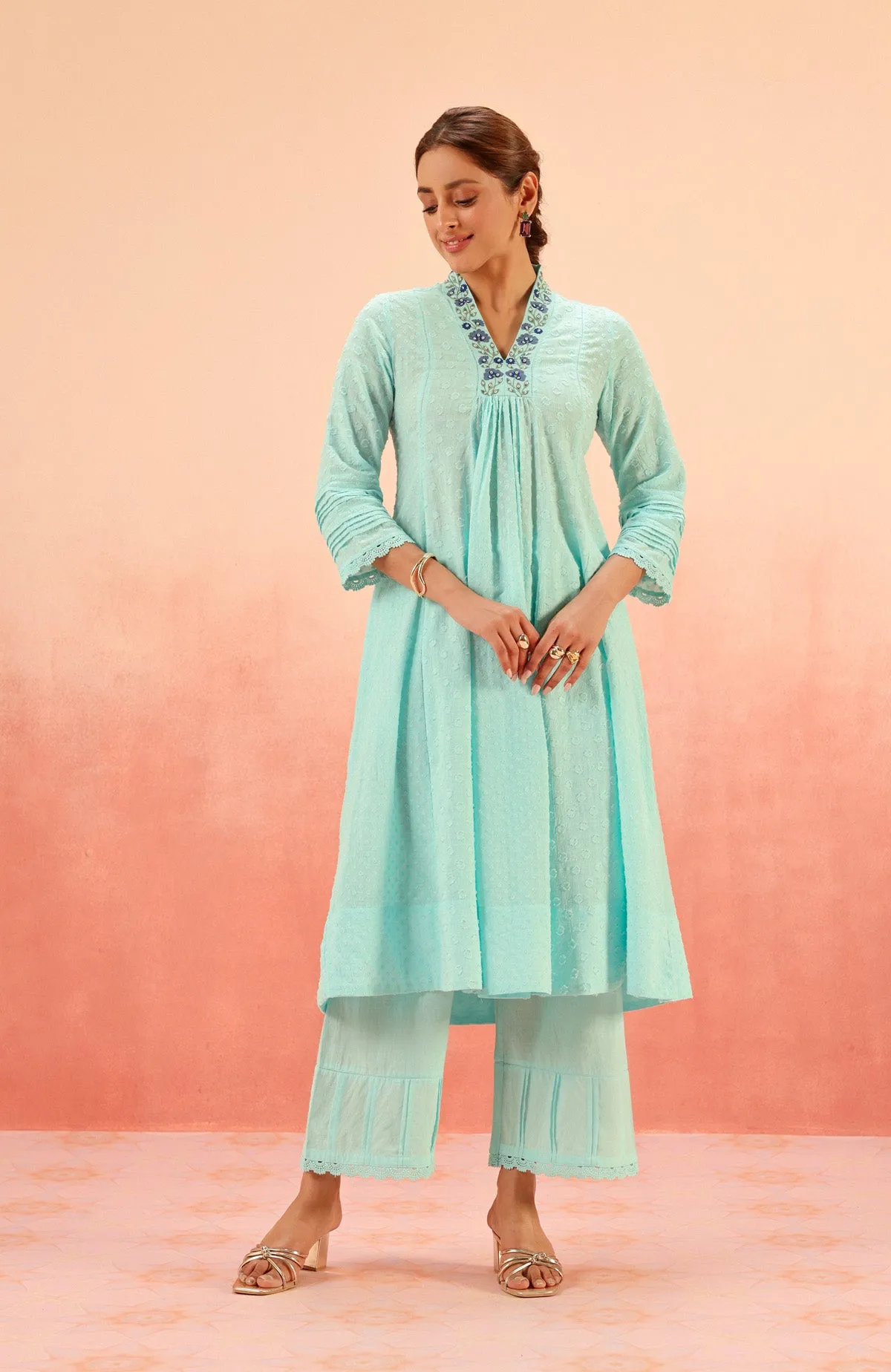 SUMANA BLUE COTTON SLUB JACQUARD KURTA SET